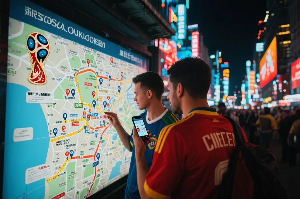 世界杯球迷在城市街区寻找球队相关地点的旅行场景